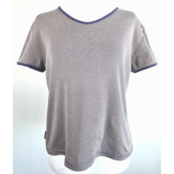 Theme Tops - Vtg Theme Striped Top V neck Short Sleeves Minimalist Quiet Luxury Blue Nautical